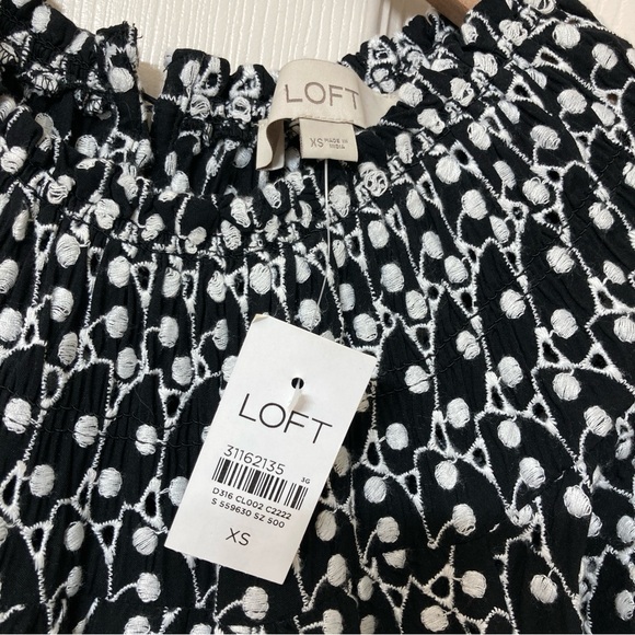 NEW Loft Black White Embroidered Smocked A-line Mini Dress XS Boho Cottagecore - Picture 2 of 9